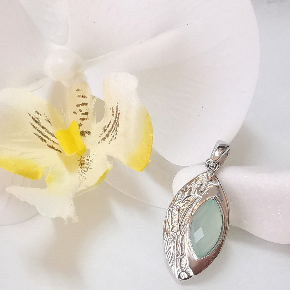 Aqua chalcedony pendant Necklace Art Nouveau Sterling Silver 🆕 - Picture 9 of 14